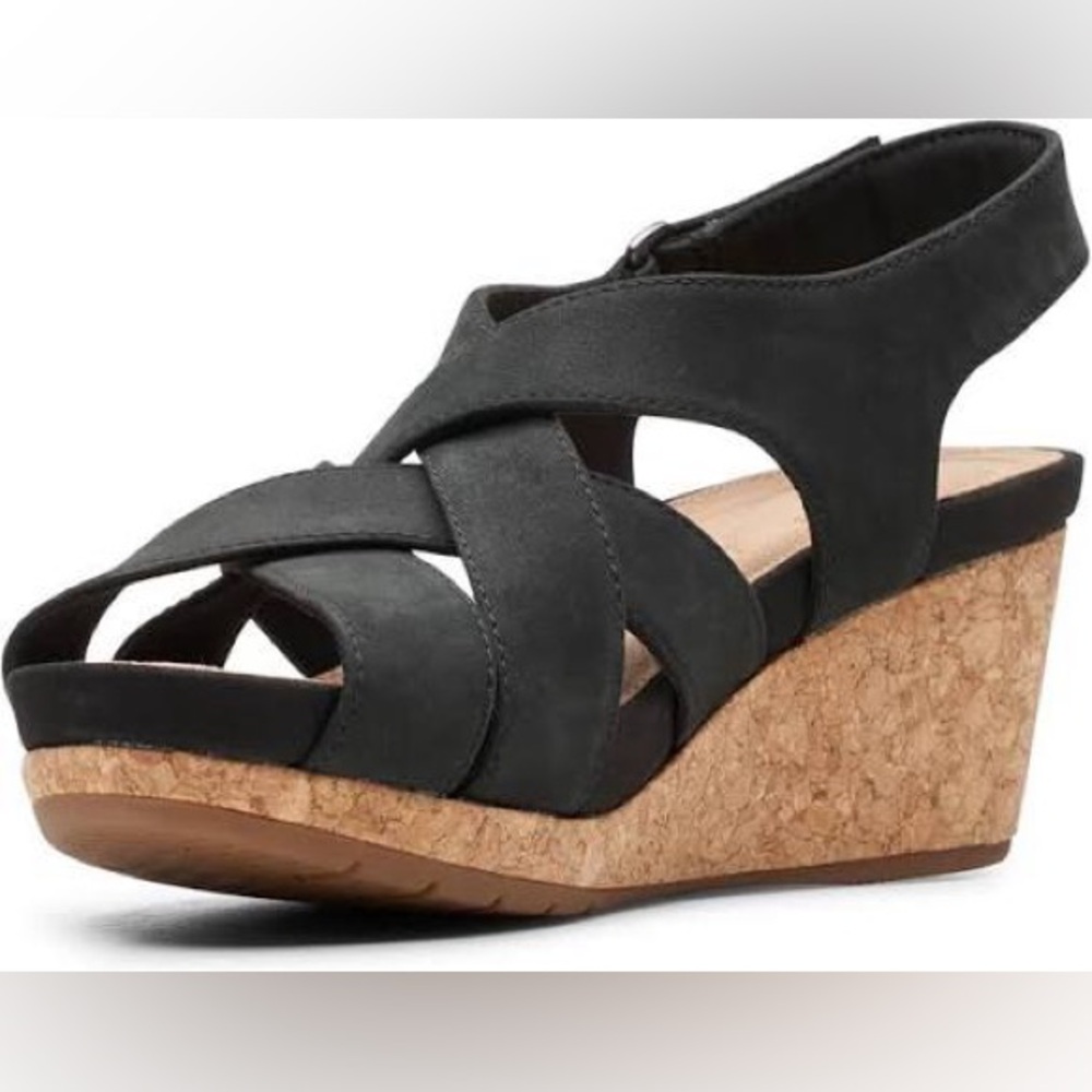 NEW!! Women’s Clarks Un.Capri Step Black Nubuck Wedge Platform Sandals Size 5.5M